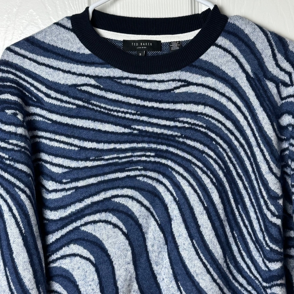 Ted Baker Sweater Men 3 Blue Wavy Zebra Print Wool Yak Blend Warfe Pullover - Picture 2 of 7